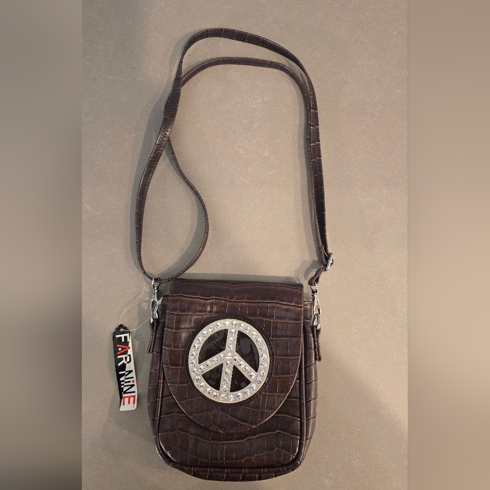 Vintage NWT Peace Sign Crystal Embellished Croc Embossed Crossbody Bag